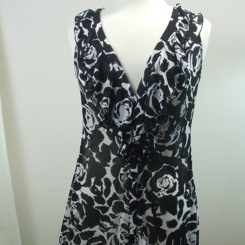 INC Top Blouse Black White Sheer Fabric Rose Sz S